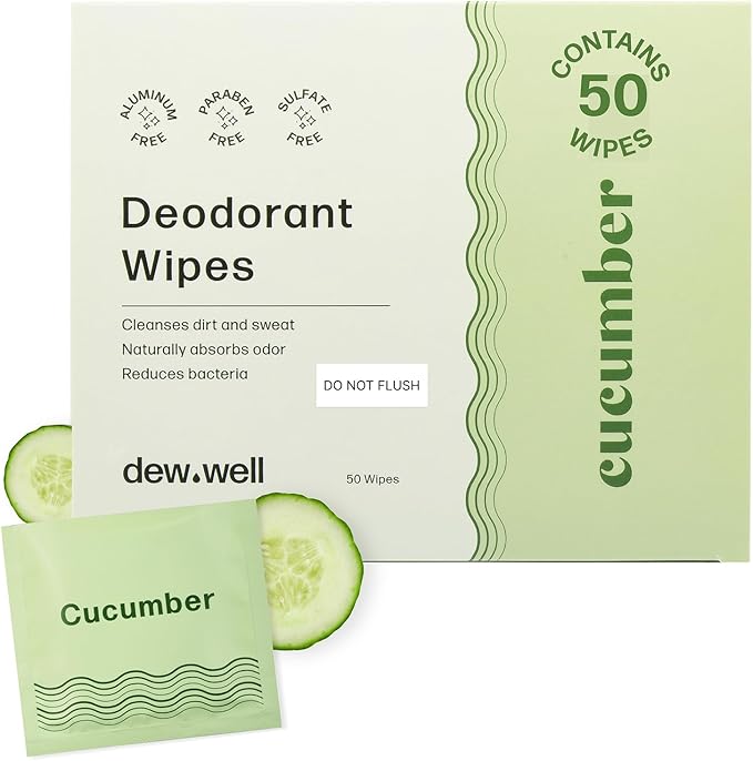 ديو ويل مناديل مزيل العرق Dew Well Refresh - 50 مناديل مبللة ملفوفة بشكل فردي للجسم والوجه والإبطين - مستلزمات تجميل بحجم السفر للرجال والنساء - خالية من الألمنيوم، البارابين، والكبريتات (رائحة الخيار) - Image 2